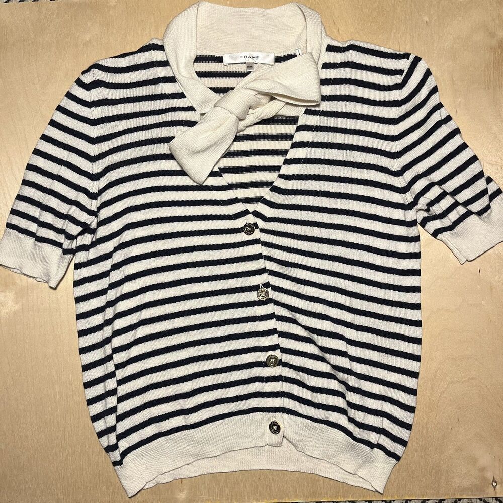 FRAME Striped Cropped Polo Shirt M Gold Buttons Bow Neck Detail